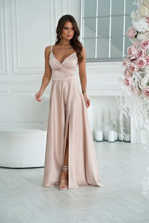 Satin A-Line Maxi Dress with V-Neck and Side Slit (L, beige)