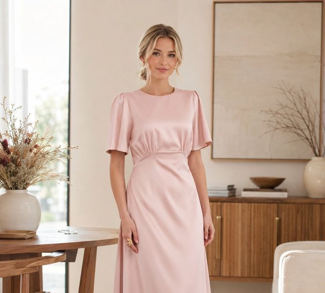 Light pink short-sleeved midi dress (S, pink)