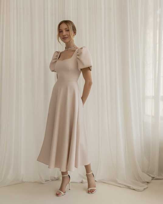 beige cocktail dress with sleeves ever BRIAR|See-Through 3/4 Sleeves V-Neck A-Line Chiffon Wedding Guest Dress