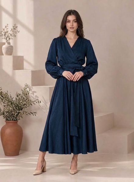 Navy Blue Silk Midi Wrap Dress with Belt and Puff Sleeves (L, blue)