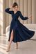 Navy Blue Silk Midi Wrap Dress with Belt and Puff Sleeves (L, blue)