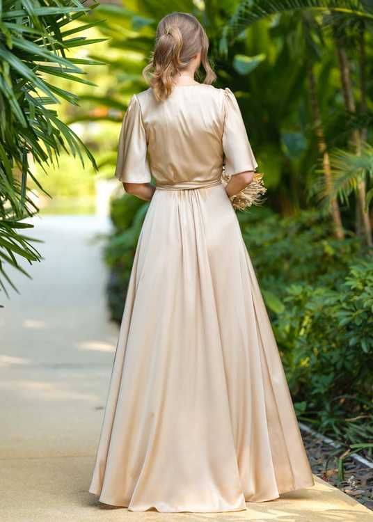 Beige Silk Maxi Dress with Short Sleeves