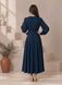 Navy Blue Silk Midi Wrap Dress with Belt and Puff Sleeves (L, blue)