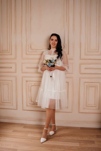 Коротка молочна святкова сукня 2 в 1, накидка та сукня комбінація (M, Молочний) DEV-40-312-299 фото