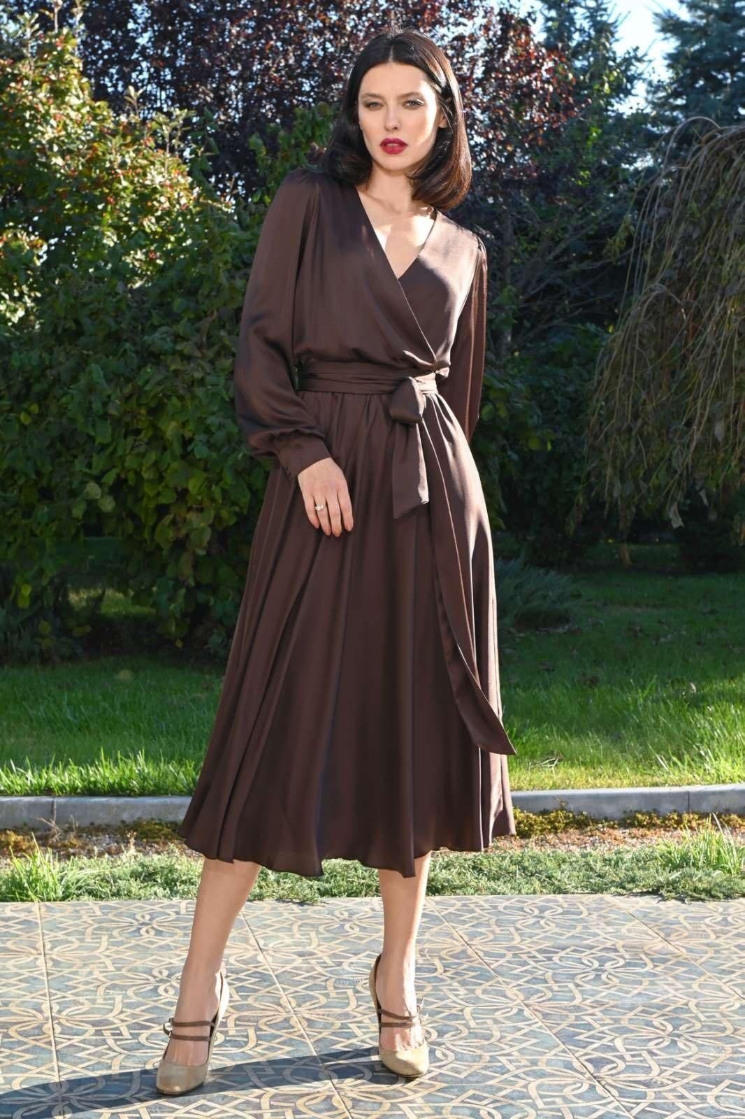 brown marble satin midi wrap dress Brown And Stone Marble Print One Shoulder Open Back Twist Detail Midi Dress 10