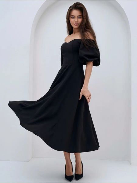 Elegant Black Cocktail A Line Midi Dress with Lantern Sleeves (XL, black)