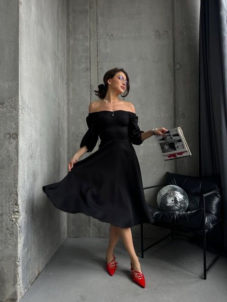 Elegant Black Cocktail A Line Midi Dress with Lantern Sleeves (XL, black)