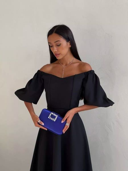 Elegant Black Cocktail A Line Midi Dress with Lantern Sleeves (XL, black)
