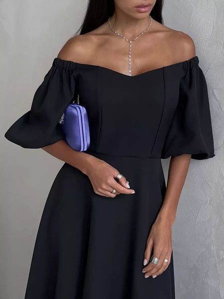 Elegant Black Cocktail A Line Midi Dress with Lantern Sleeves (XL, black)