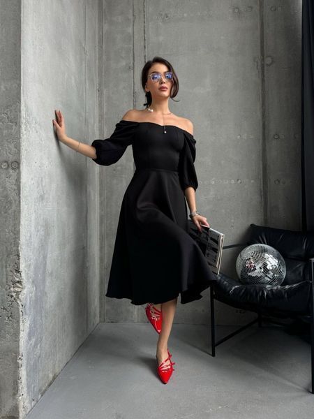 Elegant Black Cocktail A Line Midi Dress with Lantern Sleeves (XL, black)
