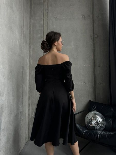 Elegant Black Cocktail A Line Midi Dress with Lantern Sleeves (XL, black)