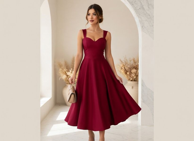 Sleeveless Dark Red A-Line Cocktail Dress on wide straps (L, red)