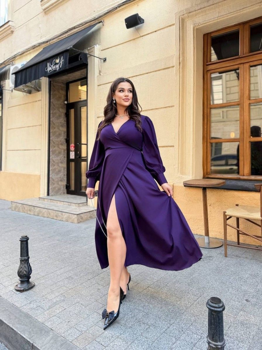 Formal Purple Silk Maxi Dress with Long Sleeves
