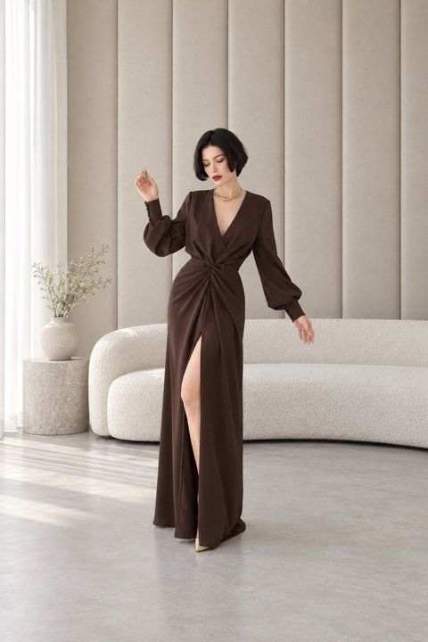 Women's Long Brown Satin Dress (XL, chocolate)