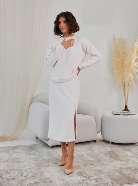 Stylish warm suit with a skirt in milk color (M, off white)