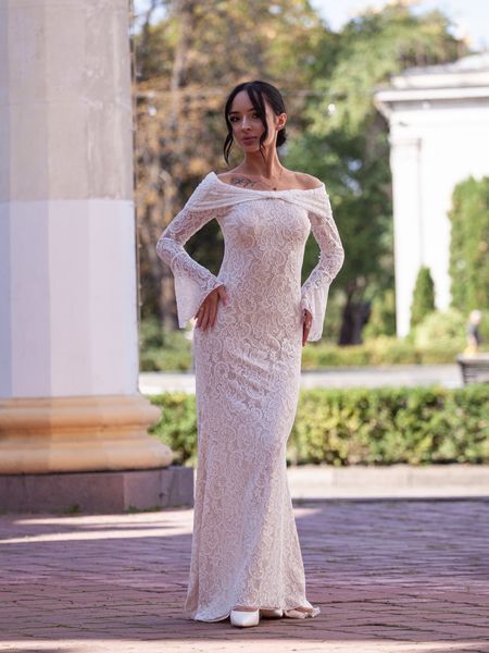 Біла мереживна довга сукня з рукавами (M, Білий) BEZ-40-462-978 фото