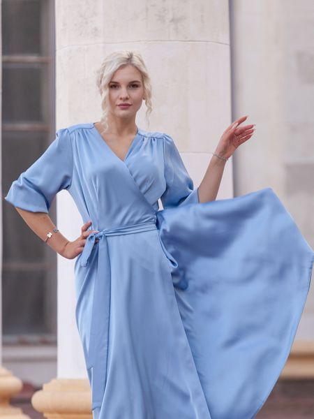Blue satin long-sleeve wrap midi dress (L/XL, light blue)
