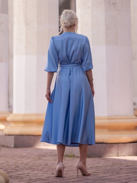 Blue satin long-sleeve wrap midi dress (L/XL, light blue)