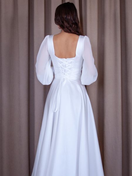 Весільна біла атласна сукня з довгими рукавами (M/L, Білий) LOL-40-449-524 фото Весільна біла атласна сукня з довгими рукавами (M/L, Білий) LOL-40-449-524 фото