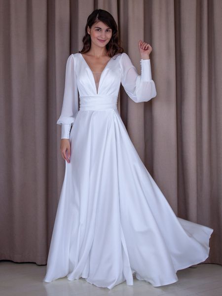 Весільна біла атласна сукня з довгими рукавами (M/L, Білий) LOL-40-449-524 фото Весільна біла атласна сукня з довгими рукавами (M/L, Білий) LOL-40-449-524 фото
