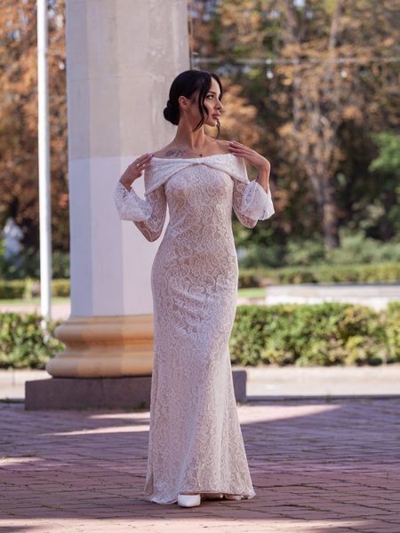 Біла мереживна довга сукня з рукавами (M, Білий) BEZ-40-462-978 фото