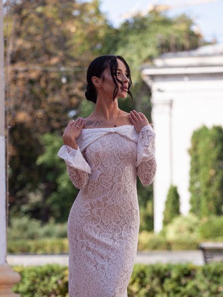 Біла мереживна довга сукня з рукавами (M, Білий) BEZ-40-462-978 фото