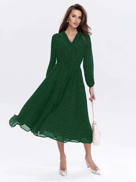 Green A-line Chiffon Midi Cocktail Dress with Long Sheer Sleeves (M, green)