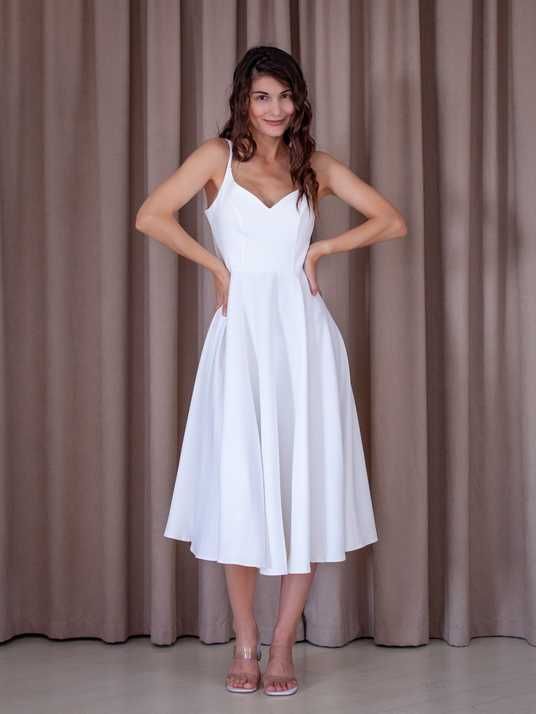 fit and flare white midi dress for women White Chiffon Fit and Flare Midi Dress with Transparent Collar