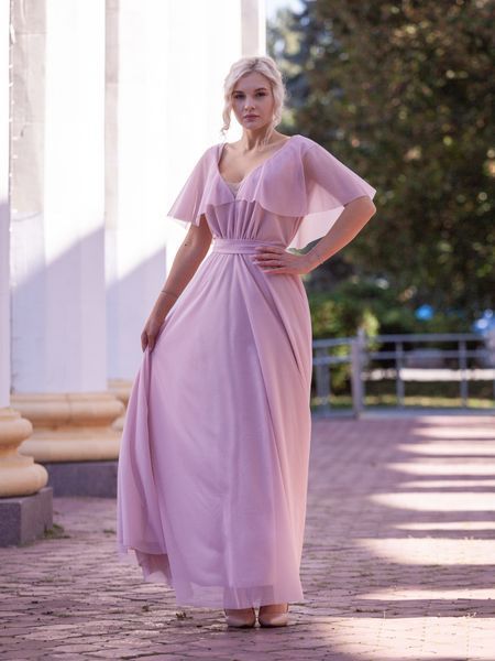 Long, powder-colored chiffon evening dress with short sleeves (XL/XXL, pastel pink)