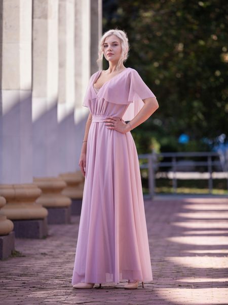 Long, powder-colored chiffon evening dress with short sleeves (XL/XXL, pastel pink)