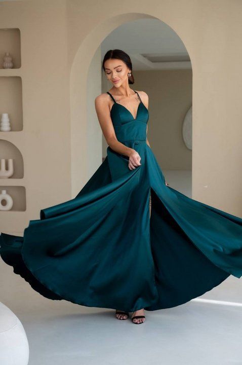 Emerald Green Satin Maxi Dress with Slit (M, emerald green)