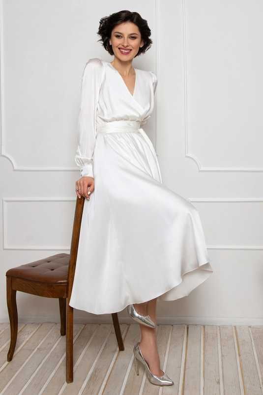 white silk midi dress with sleeves Ivory Silk Open Back Dress With Long Sleeves, Beige Silk Midi Dress Bishop Sleeves, Silk Turtleneck Dress With Open Back