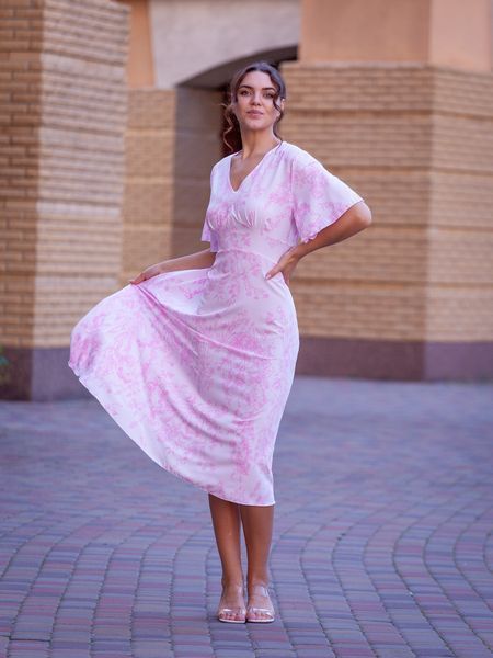 Floral Pink A-Line V-Neck Midi Dress with Short Sleeves (XL, white)