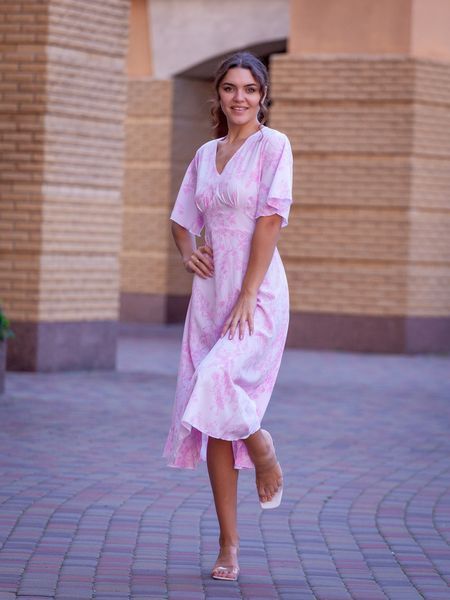 Floral Pink A-Line V-Neck Midi Dress with Short Sleeves (XL, white)