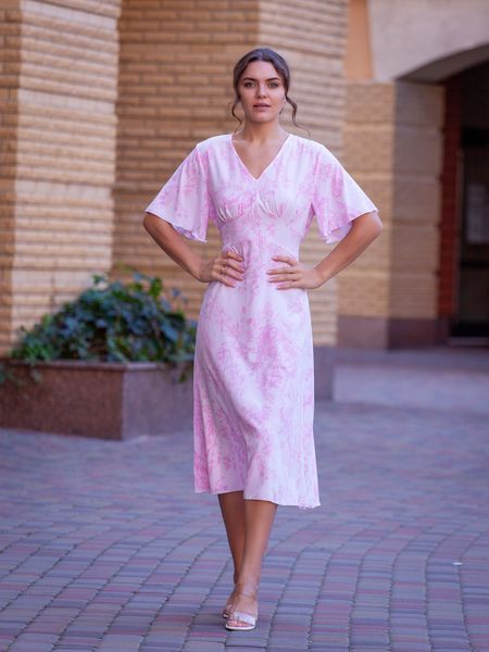 Floral Pink A-Line V-Neck Midi Dress with Short Sleeves (XL, white)