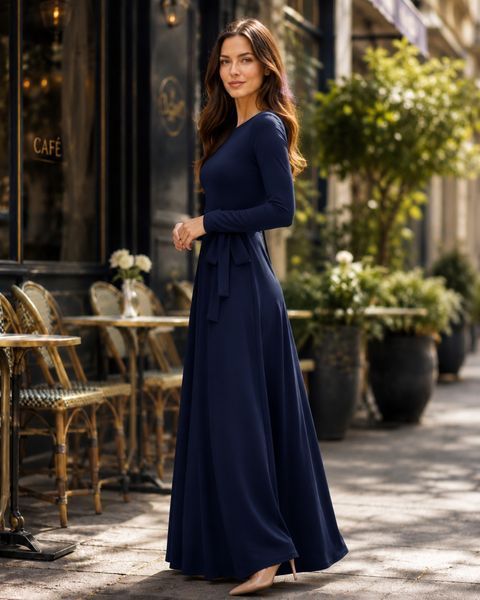 Floor-length navy blue A-line dress (S, black)