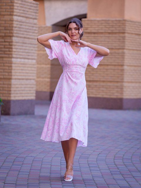 Floral Pink A-Line V-Neck Midi Dress with Short Sleeves (XL, white)