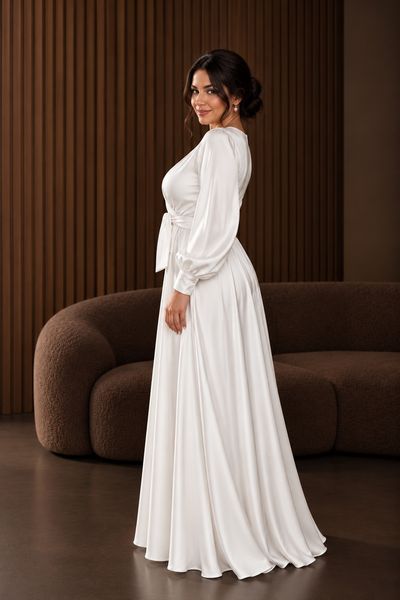 Жіноча біла довга сукня на запах з поясом (6XL, Білий) DEV-40-285-504 фото