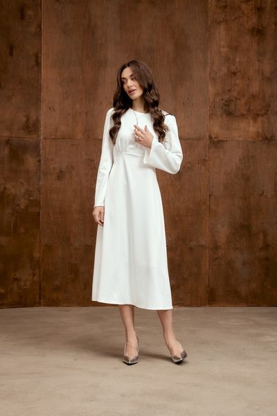 White Midi Cocktail Dress with Empire Waist and Bell Sleeves (L, white)