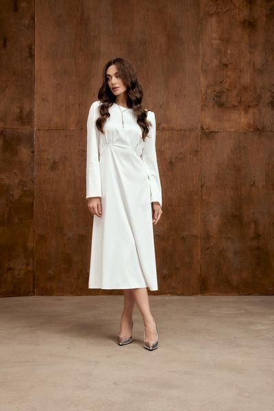 White Midi Cocktail Dress with Empire Waist and Bell Sleeves (L, white)