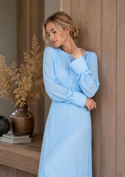 Blue Midi Cocktail Dress with Empire Waist and Bell Sleeves (M, light blue)