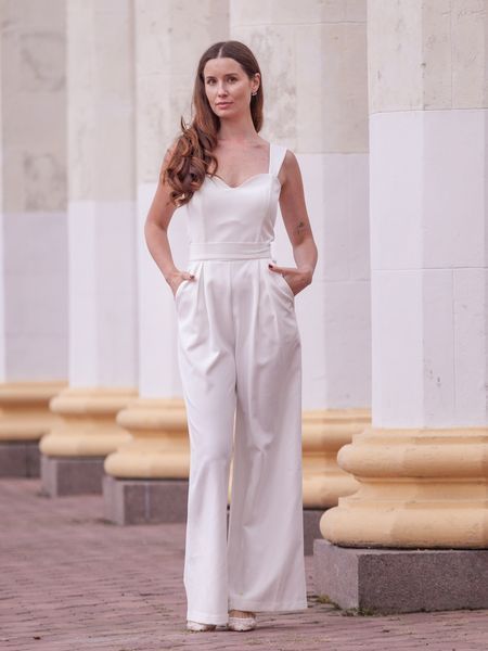 White Evening Wide-Leg Jumpsuit With Belt (M, white)