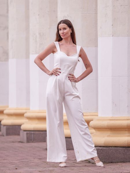 White Evening Wide-Leg Jumpsuit With Belt (M, white)