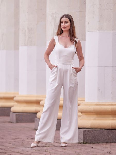 White Evening Wide-Leg Jumpsuit With Belt (M, white)