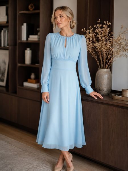 Blue Midi Cocktail Dress with Empire Waist and Bell Sleeves (M, light blue)