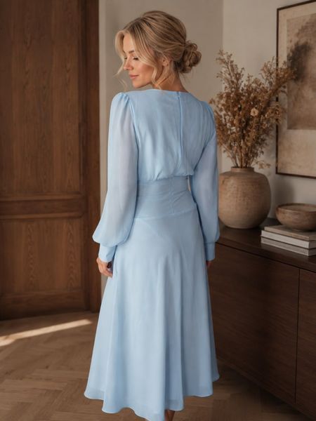 Blue Midi Cocktail Dress with Empire Waist and Bell Sleeves (M, light blue)
