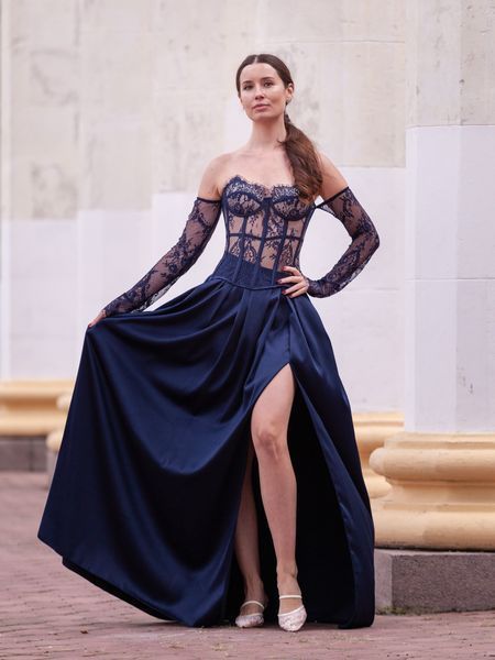Dark blue satin evening dress with a corset: lace corset with cups (S, blue)