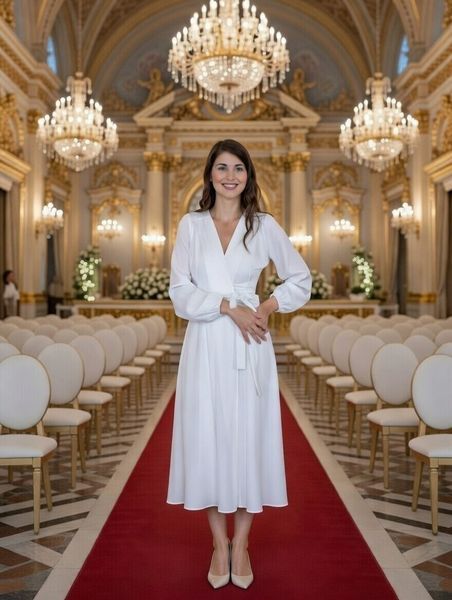 Біла атласна сукня міді довжини з рукавом (M, Білий) DEV-40-312-405 фото