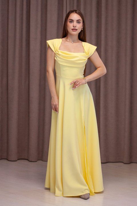Yellow A-Line Evening Dress with Slit (M, yellow)