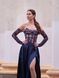 Dark blue satin evening dress with a corset: lace corset with cups (S, blue)